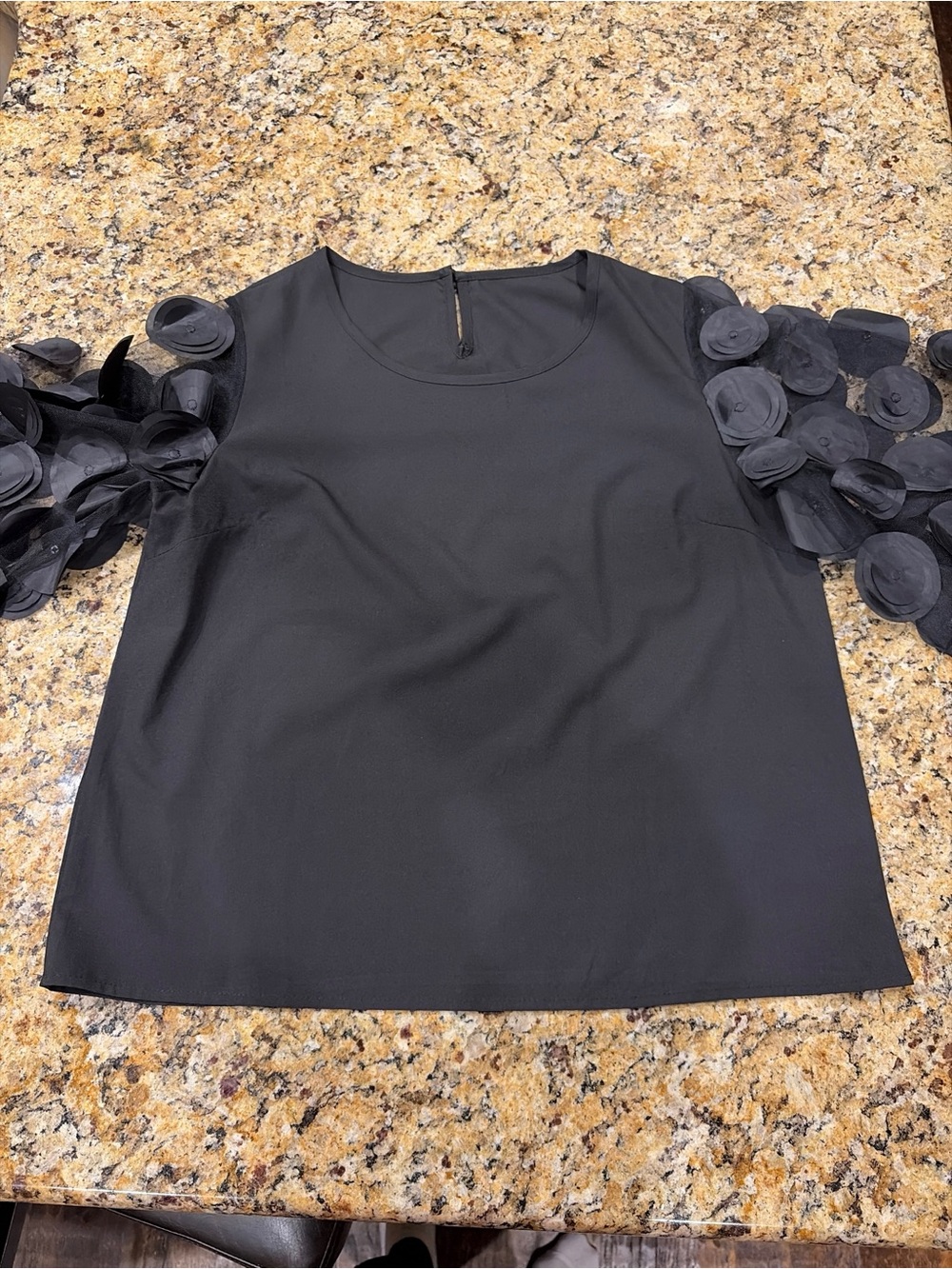 SHEIN Black Short Sleeve Top with Floral Applique Sleeves